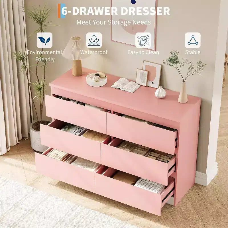 Commode à 6 tiroirs, style moderne et simple pour chambre à coucher, rose