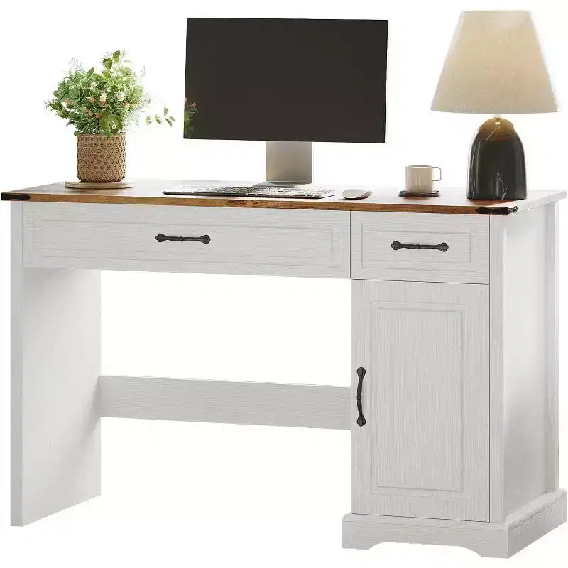 47 Farmhouse Executive Desk with Storage Drawers &amp; Hutch - White Rustic Computer Desk for Home Office