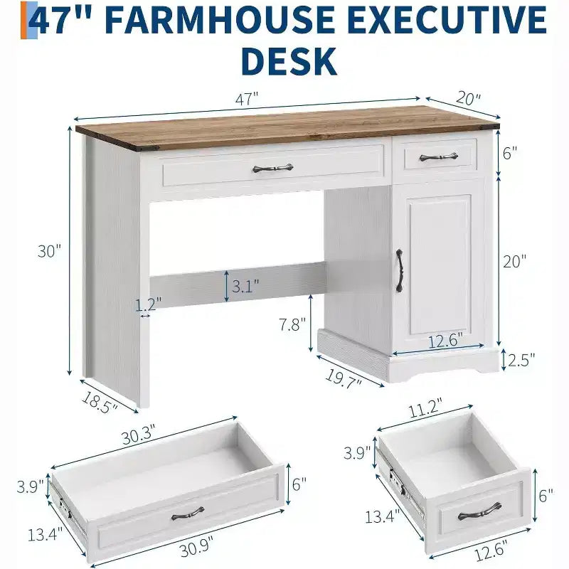 Bureau de direction de ferme avec tiroirs de rangement, bureau d'ordinateur rustique blanc
