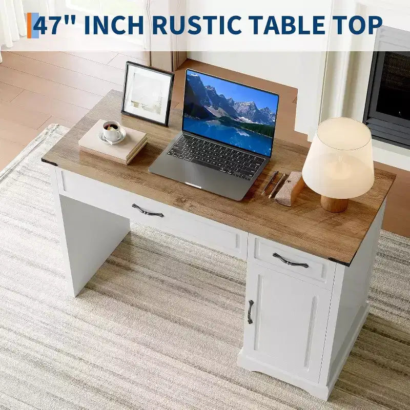 Bureau de direction de ferme avec tiroirs de rangement, bureau d'ordinateur rustique blanc