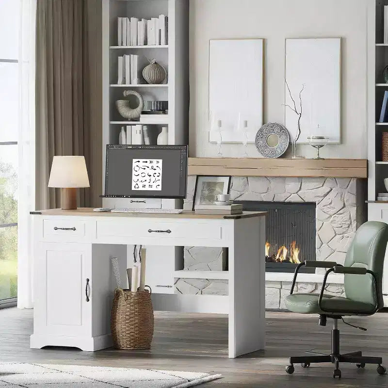 Bureau de direction de ferme avec tiroirs de rangement, bureau d'ordinateur rustique blanc
