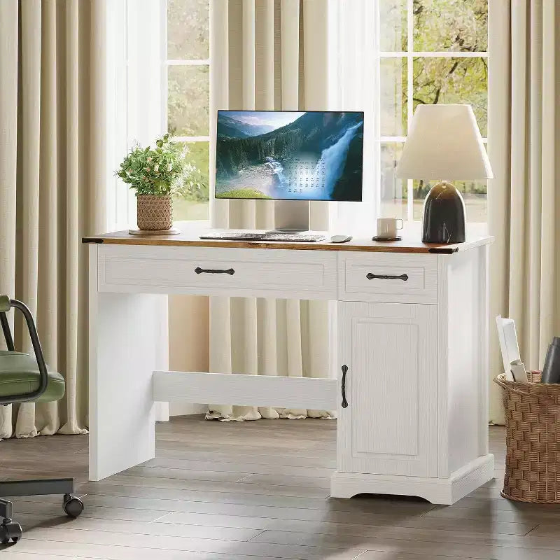 Bureau de direction de ferme avec tiroirs de rangement, bureau d'ordinateur rustique blanc