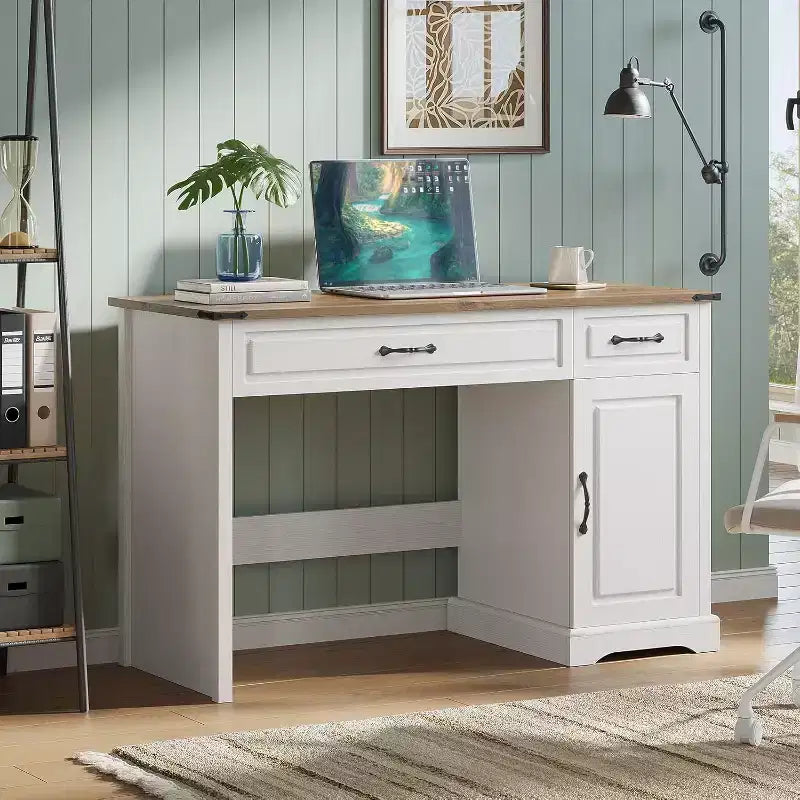 Bureau de direction de ferme avec tiroirs de rangement, bureau d'ordinateur rustique blanc