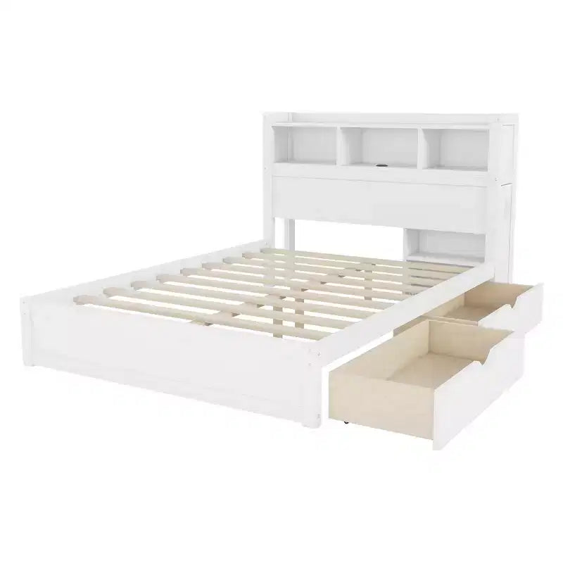 Cadre de lit double en bois avec tête de lit de rangement