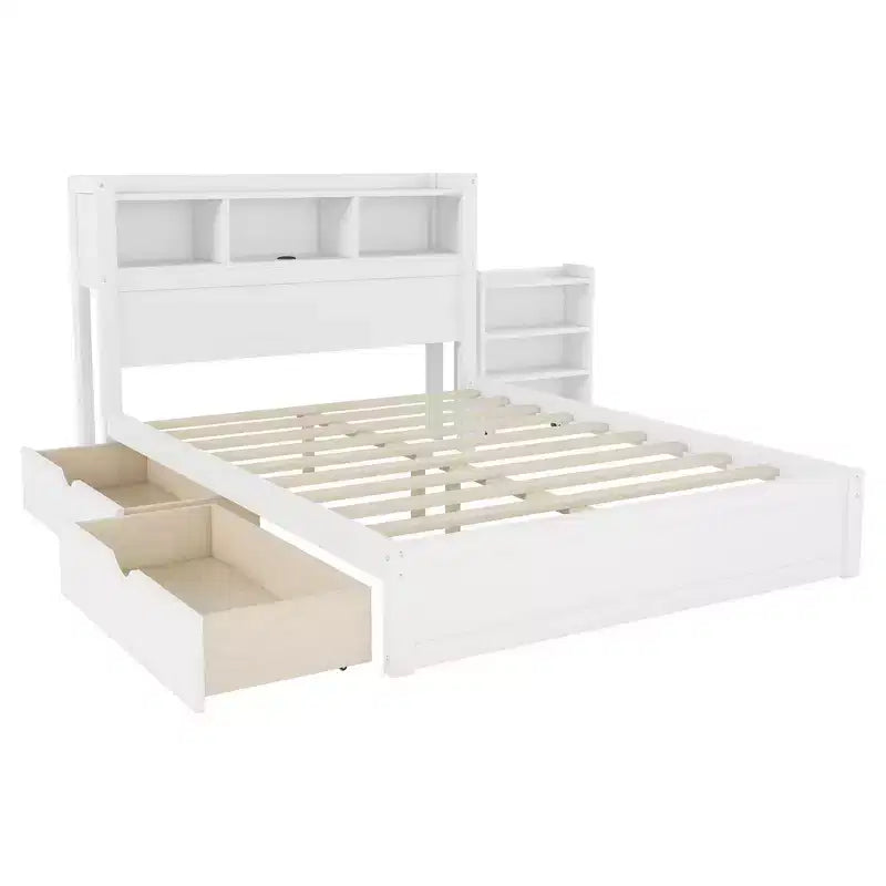 Cadre de lit double en bois avec tête de lit de rangement
