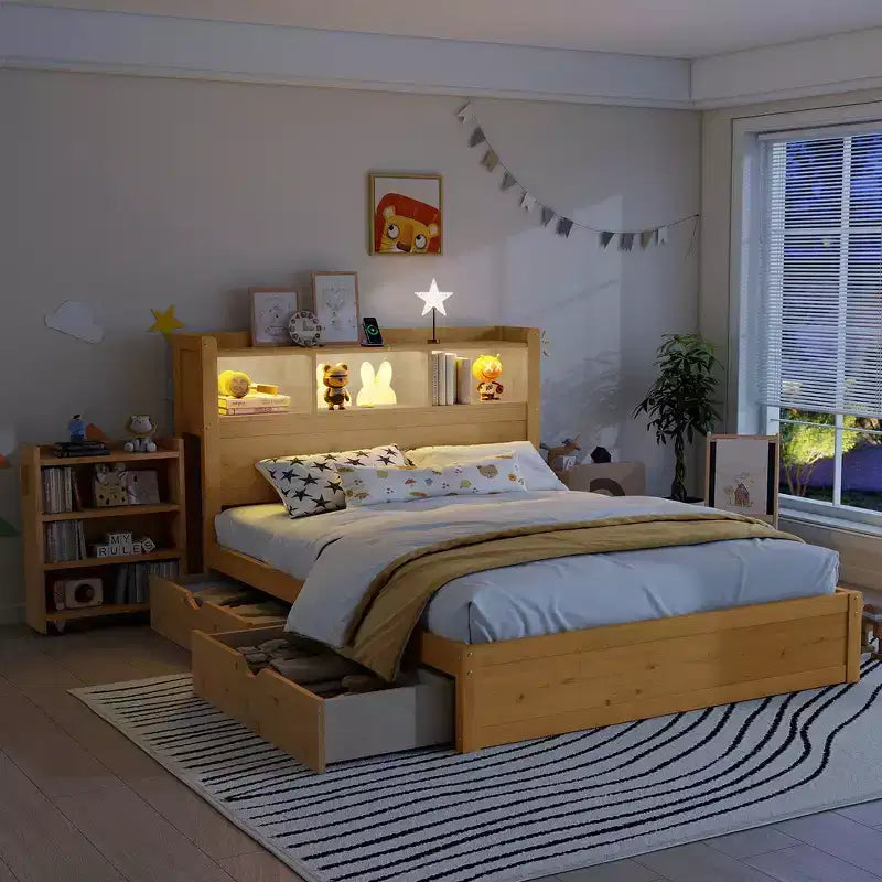 Cadre de lit double, lit en bois avec tête de lit de rangement