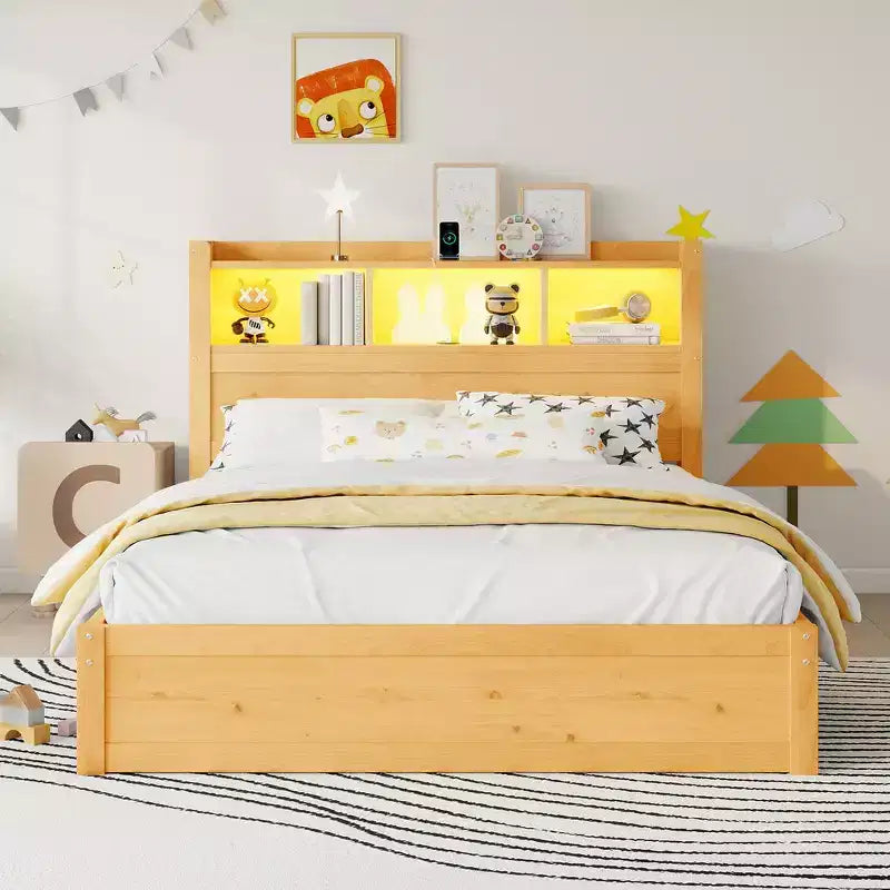 Cadre de lit double, lit en bois avec tête de lit de rangement