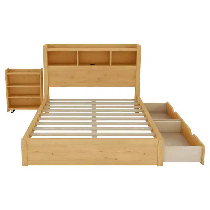 Cadre de lit double en bois avec tête de lit de rangement