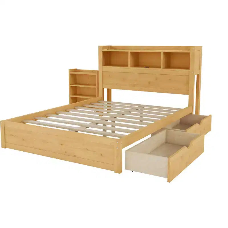 Cadre de lit double, lit en bois avec tête de lit de rangement