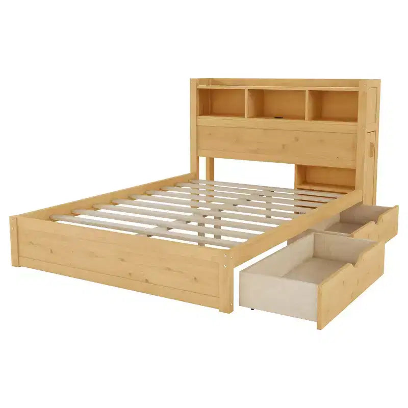 Cadre de lit double en bois avec tête de lit de rangement
