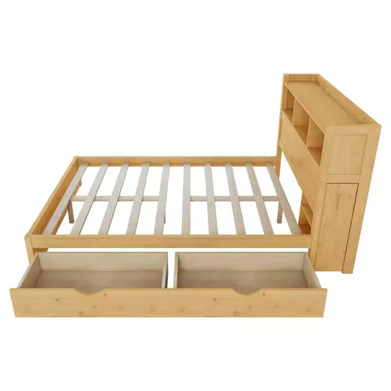 Cadre de lit double en bois avec tête de lit de rangement