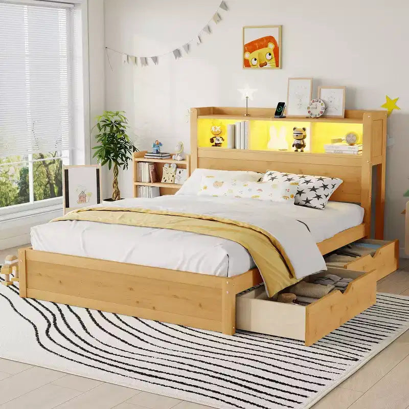 Whisen Twin Size Bed Frame, Wood Bed Bed with Storage Headboard and Pull Out Storage Cabinet, Drawers