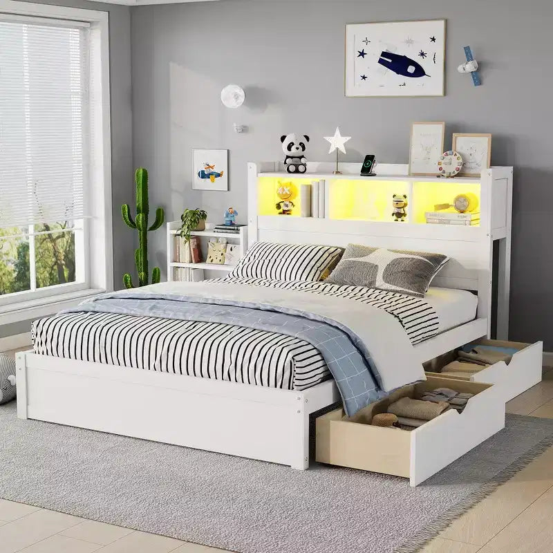 Cadre de lit double, lit en bois avec tête de lit de rangement