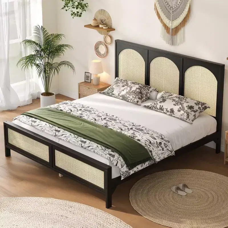 GDFStudio Brewer Wood Platform Bed with Rattan Headboard and Footboard