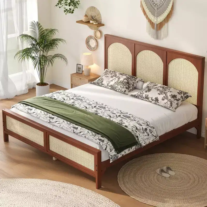 Lit plateforme en bois avec tête et pied de lit en rotin