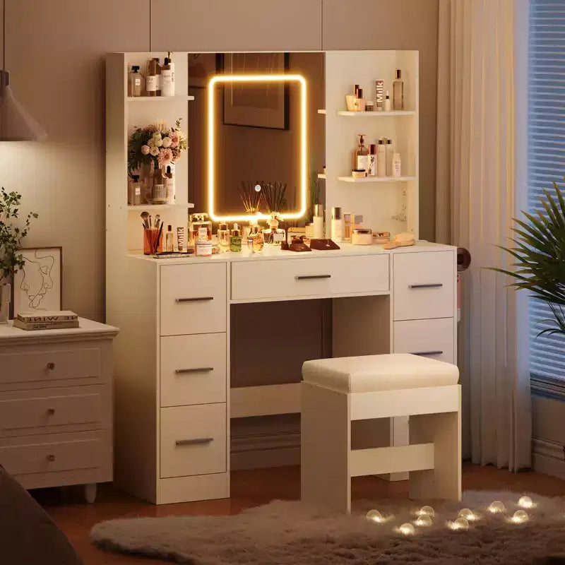 Coiffeuse avec miroir, Meuble de maquillage avec prise de courant