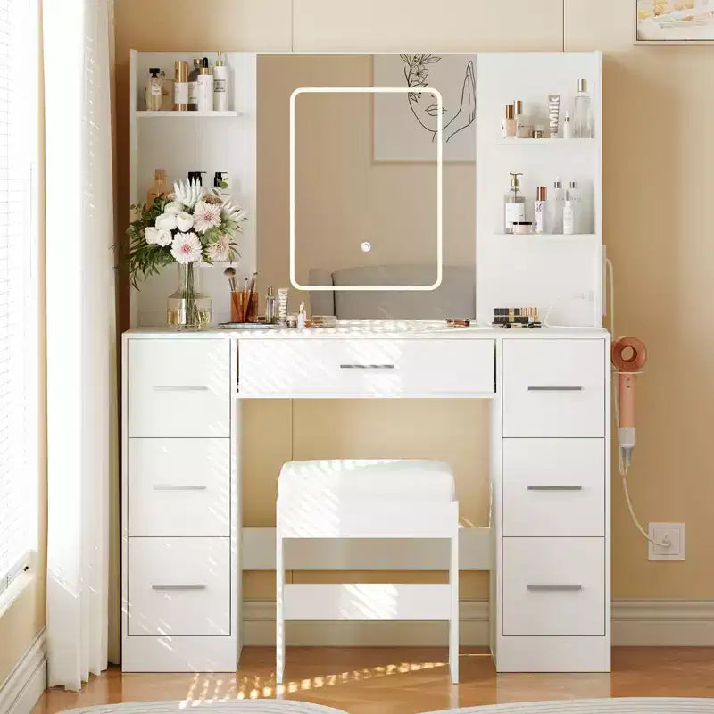Coiffeuse avec miroir, Meuble de maquillage avec prise de courant