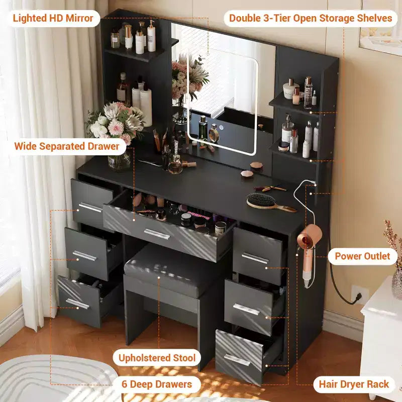 Coiffeuse avec miroir, Meuble de maquillage avec prise de courant