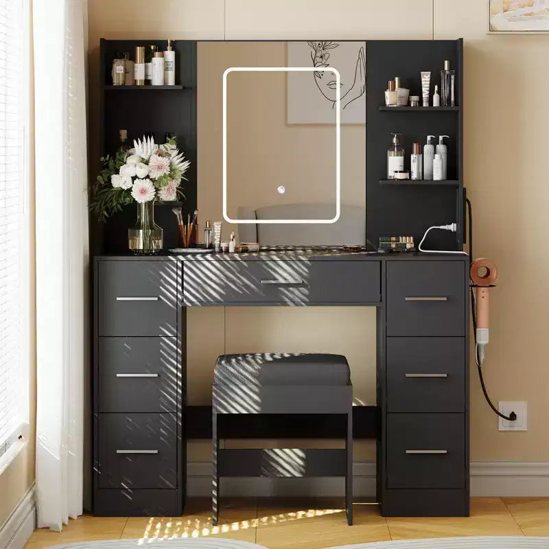 Coiffeuse avec miroir, Meuble de maquillage avec prise de courant