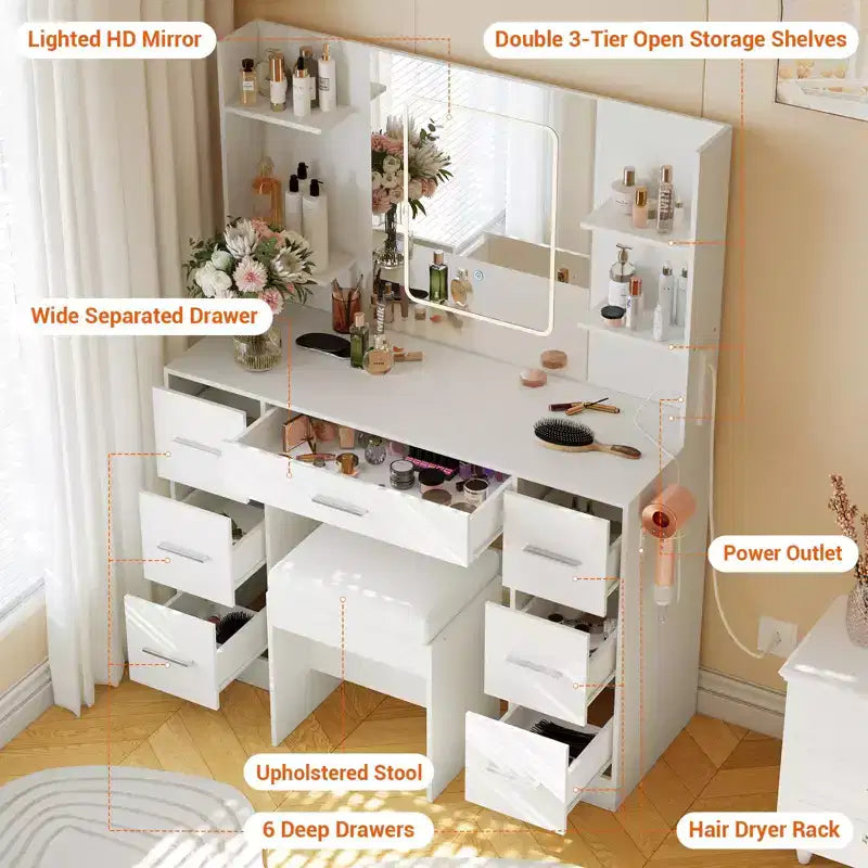 Coiffeuse avec miroir, Meuble de maquillage avec prise de courant