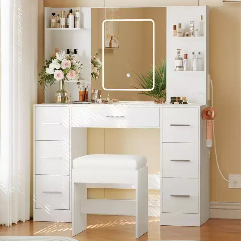 Coiffeuse avec miroir, Meuble de maquillage avec prise de courant