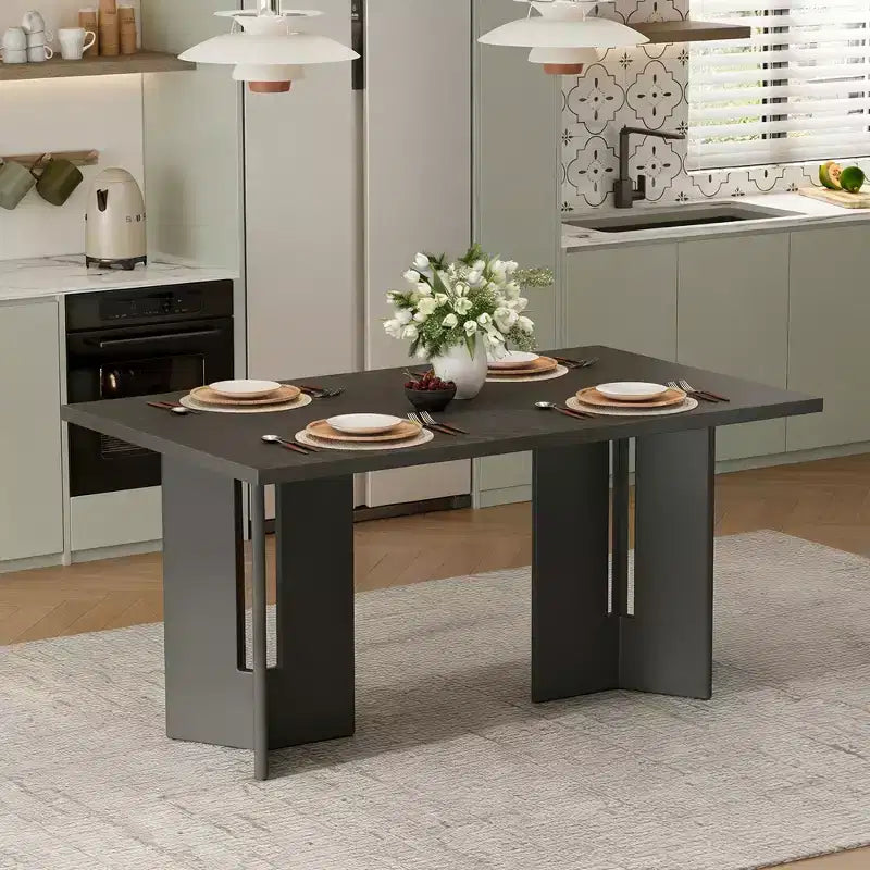 60'' Farmhouse Dining Table Rustic Rectangular Kitchen Table for 4-6, Oak Veneer &amp; Cutout Legs - ModernLuxe