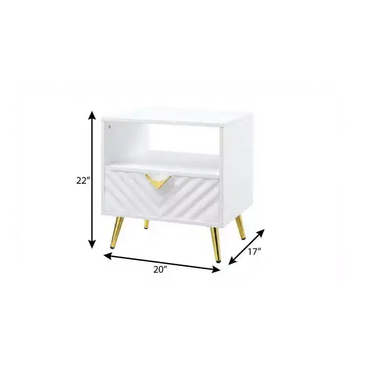 Table d'appoint rectangulaire blanche en bois manufacturé et métal avec tiroir