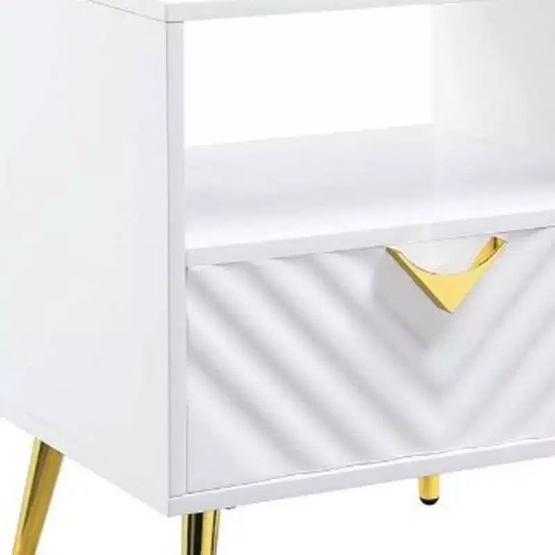 Table d'appoint rectangulaire blanche en bois manufacturé et métal avec tiroir