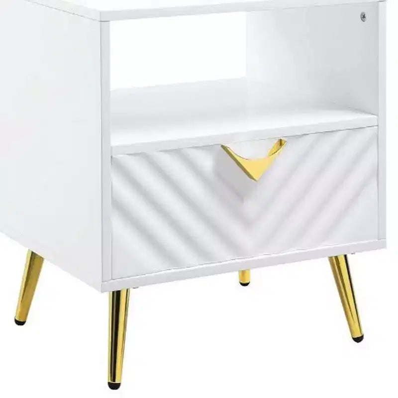Table d'appoint rectangulaire blanche en bois manufacturé et métal avec tiroir