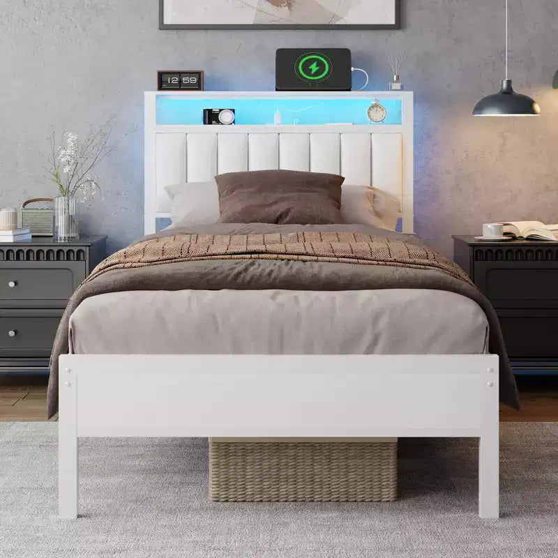 Modern White Twin Bed Frame with Charging Station LED Lights Storage Headboard Upholstered Platform Bed No Box Spring Needed Teen Gaming Bedroom