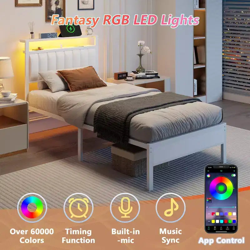 Cadre de lit double moderne blanc avec station de recharge, lumières LED et tête de lit de rangement