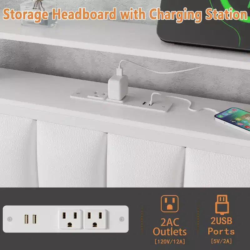 Cadre de lit double moderne blanc avec station de recharge, lumières LED et tête de lit de rangement