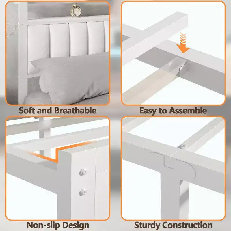 Cadre de lit double moderne blanc avec station de recharge, lumières LED et tête de lit de rangement