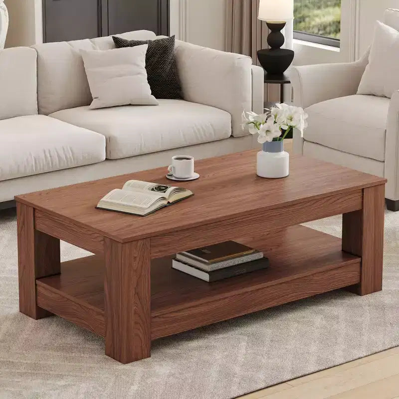Ora Maison Modern Rectangular Wooden Coffee Table  2-Tier Industrial Center Table, Walnut