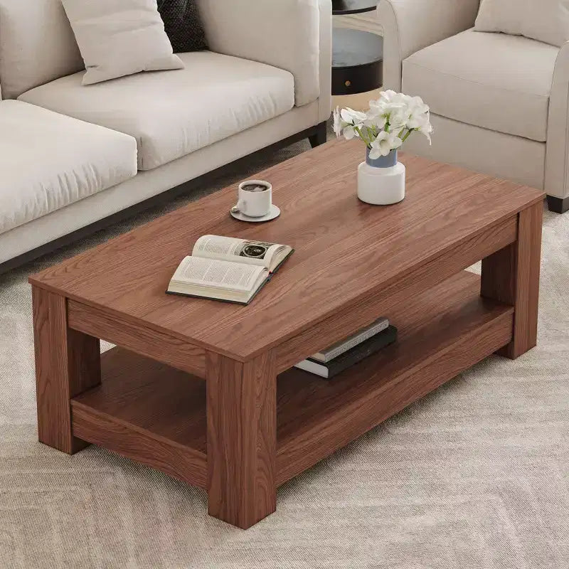 Table Basse Rectangulaire Moderne en Bois, Table Centrale Industrielle à 2 Niveaux, Noyer