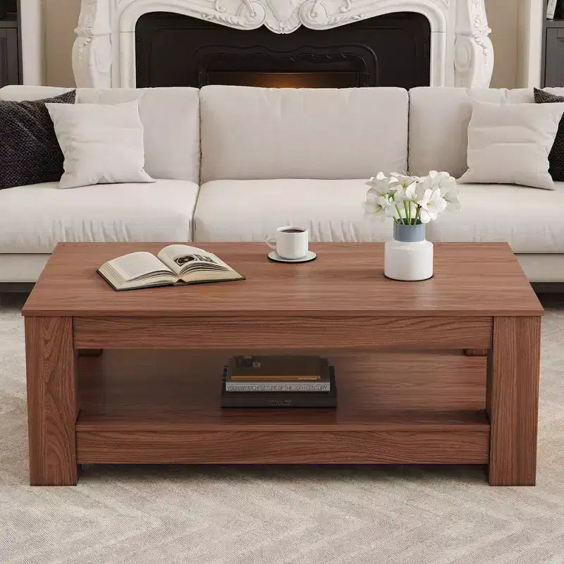 Table Basse Rectangulaire Moderne en Bois, Table Centrale Industrielle à 2 Niveaux, Noyer