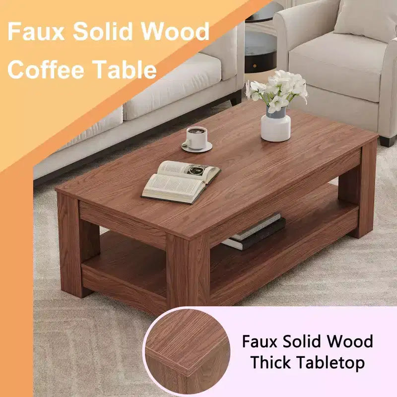 Table Basse Rectangulaire Moderne en Bois, Table Centrale Industrielle à 2 Niveaux, Noyer