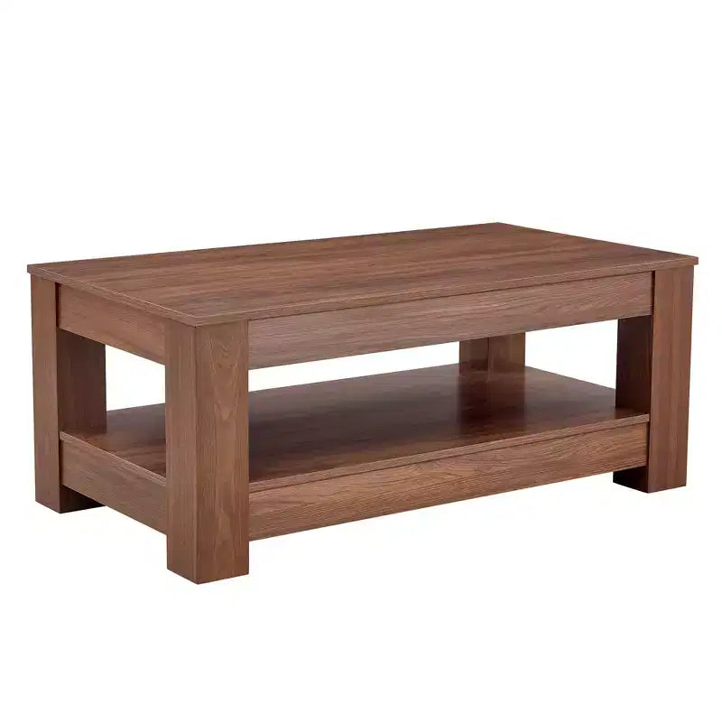 Table Basse Rectangulaire Moderne en Bois, Table Centrale Industrielle à 2 Niveaux, Noyer