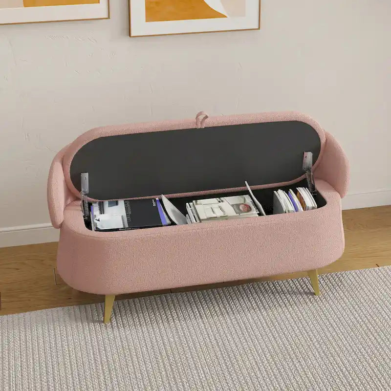 Teddy Fabric Storage Bench with Metal Legs, Multi-Functional Rectangular Storage Sofa Stool