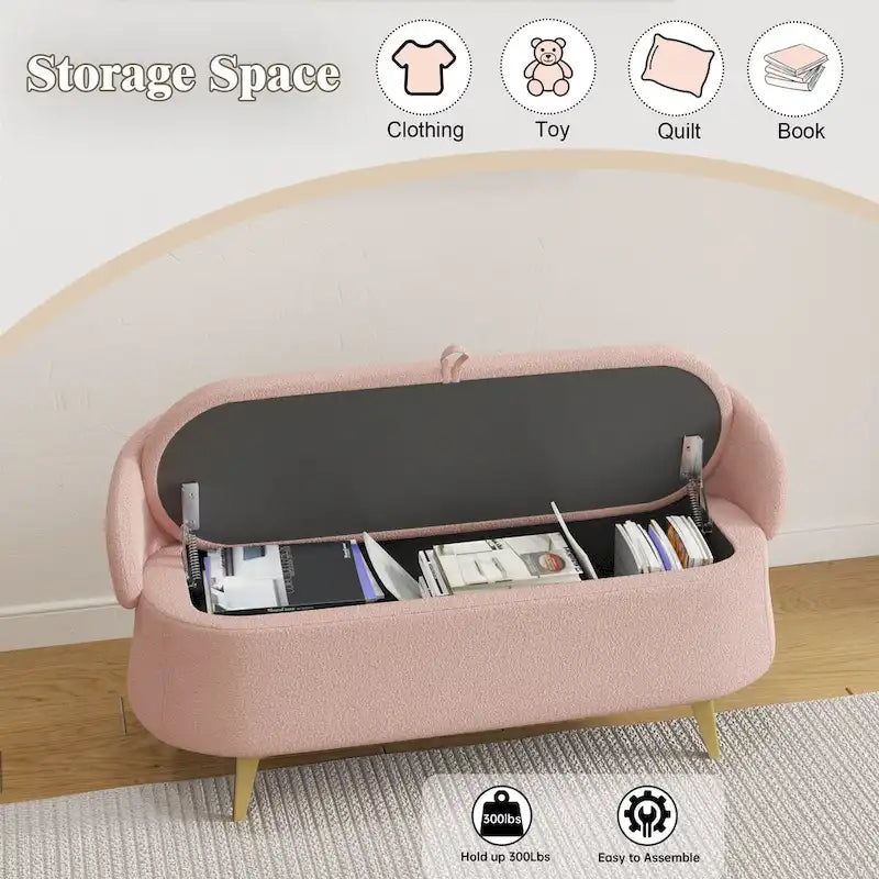 Teddy Fabric Storage Bench with Metal Legs, Multi-Functional Rectangular Storage Sofa Stool