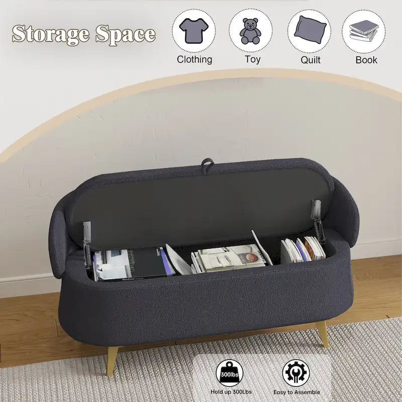 Teddy Fabric Storage Bench with Metal Legs, Multi-Functional Rectangular Storage Sofa Stool
