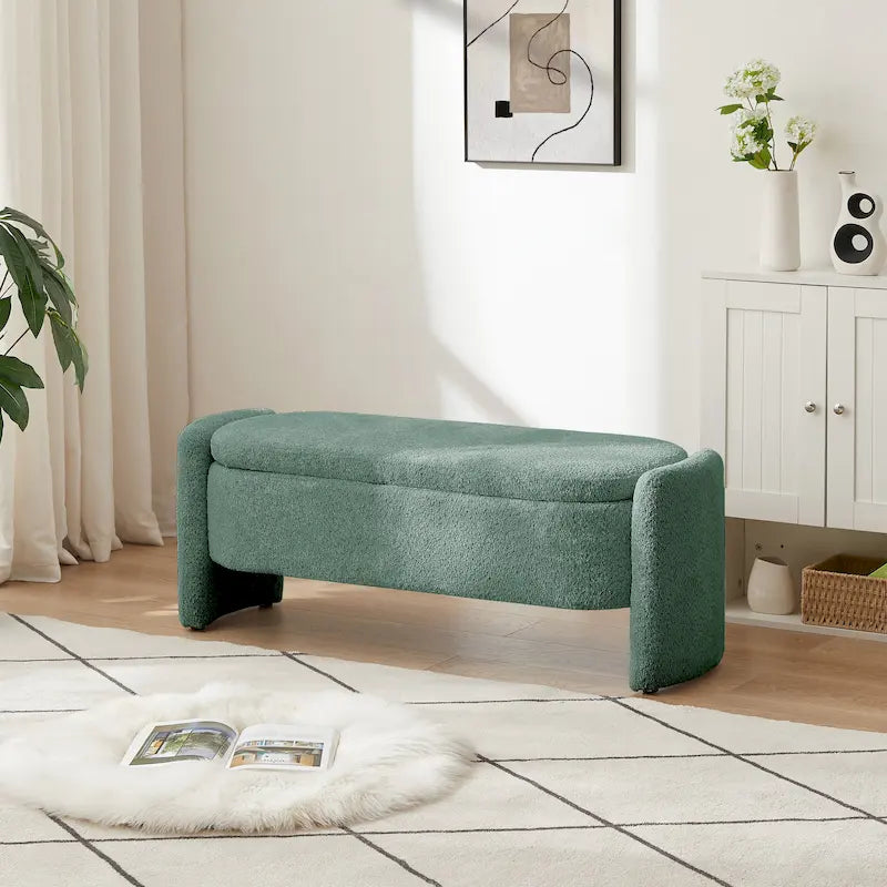 3D Lamb Fleece Fabric Storage Bench with Arc-shaped Sides