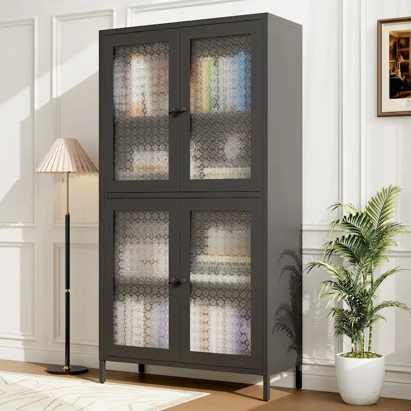 Classic Metal Storage Cabinet Display Cabinet with 4 Glass Doors 4 Shelves Cabinet Bookcase Side Cabinet