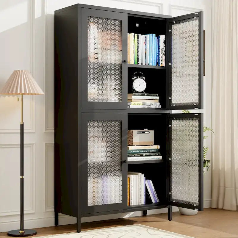 Classic Metal Storage Cabinet Display Cabinet with 4 Glass Doors 4 Shelves Cabinet Bookcase Side Cabinet