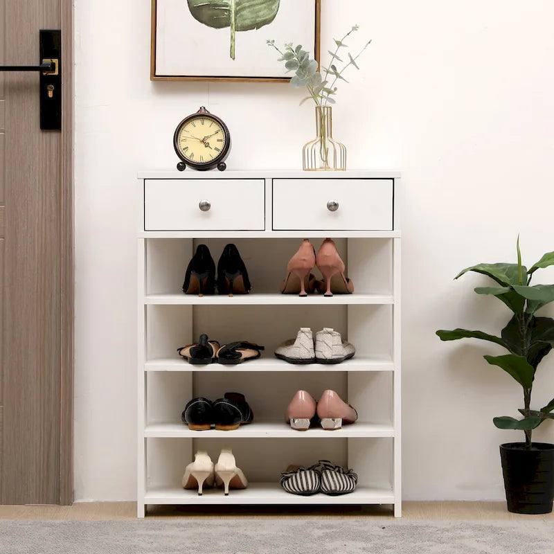 Modern Minimalist Wooden Shoe Rack with 2 Drawer, 4 Layer Shoe Cabinet for Entryway