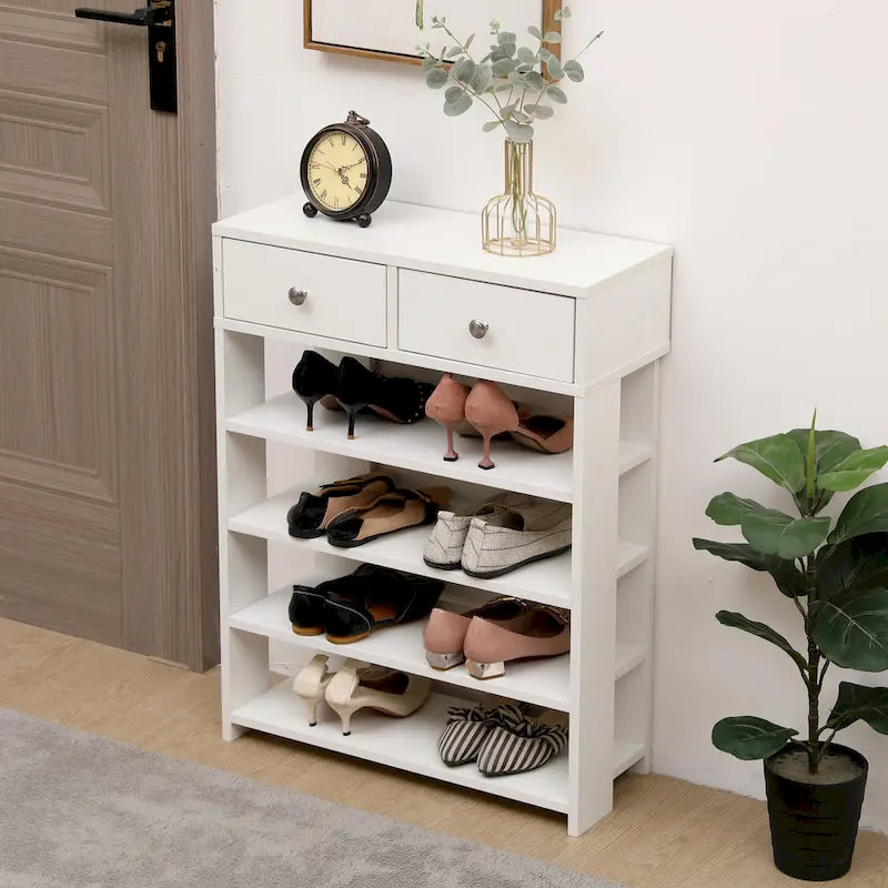 Modern Minimalist Wooden Shoe Rack with 2 Drawer, 4 Layer Shoe Cabinet for Entryway