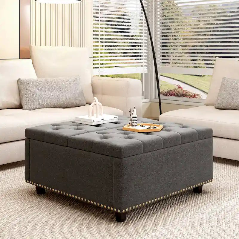 Massive square storage bench, footstool with two storage doors, mid-century modern coffee table for living room, nailhead inlay