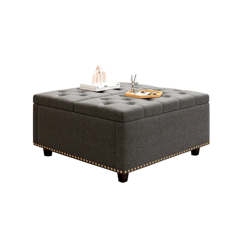 Massive square storage bench, footstool with two storage doors, mid-century modern coffee table for living room, nailhead inlay