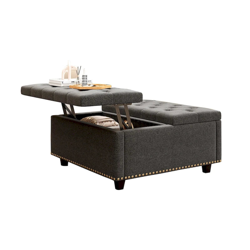 Massive square storage bench, footstool with two storage doors, mid-century modern coffee table for living room, nailhead inlay