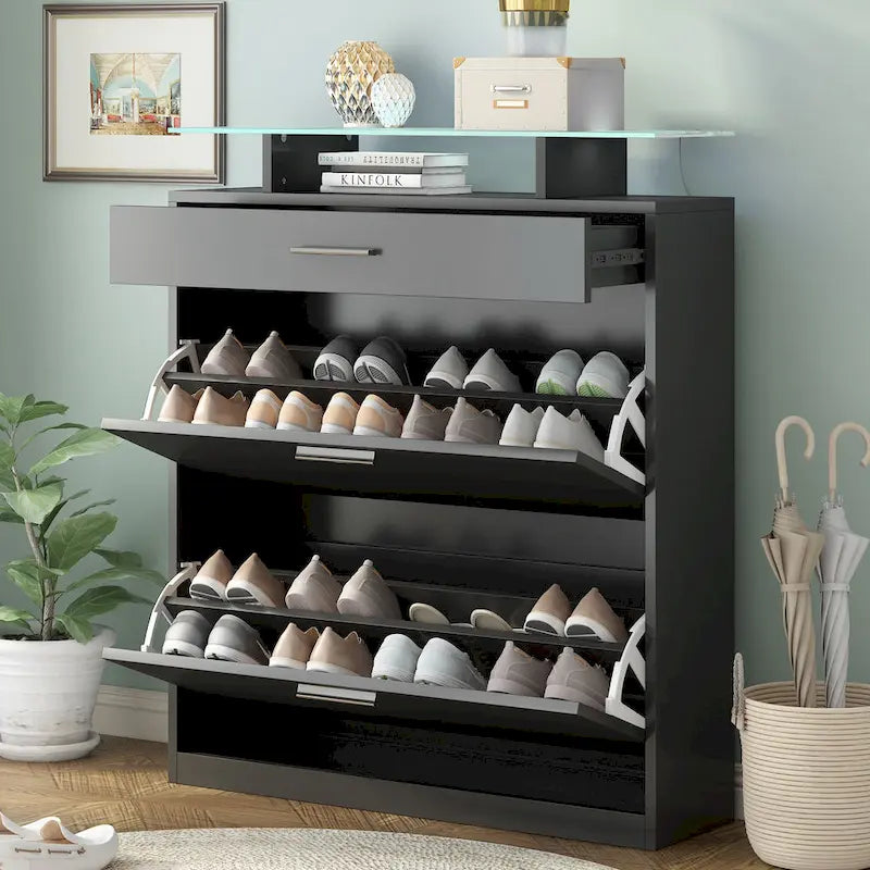 Slim Entryway Organizer with 2 Flip Drawers, Tempered Glass Top Shoe Storage Cabinet with Drawer